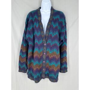 90s Vintage Cardigan Sweater Womens Large Colorful Button Mohair Wool Artsy Boho